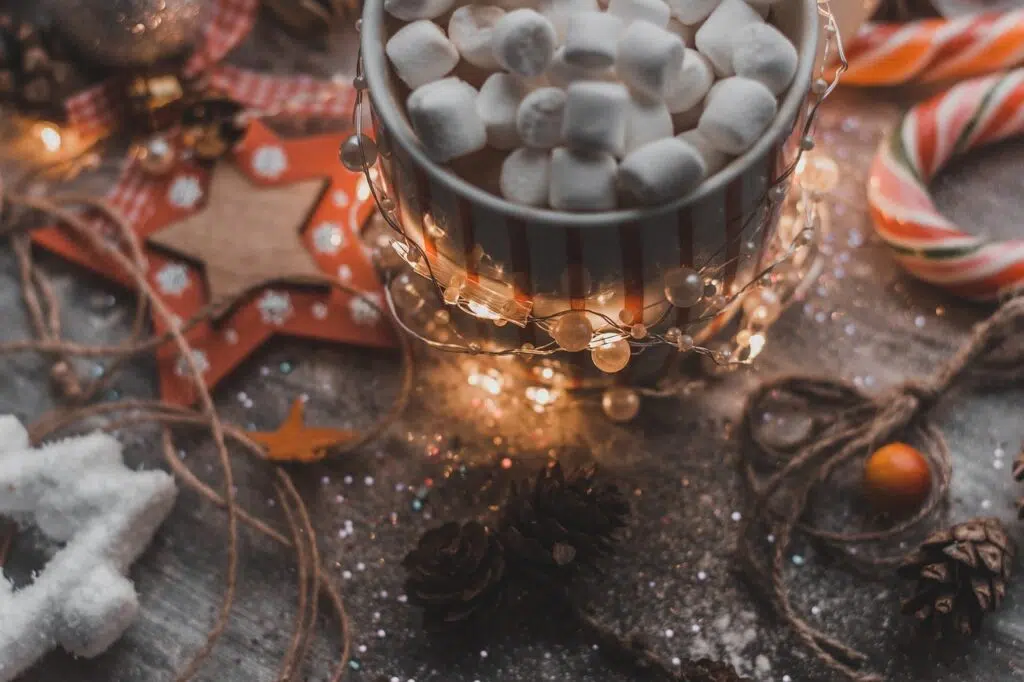 Photo d'un décor de Noël chaleureux et festif. Au centre, une tasse rayée rouge et blanc est remplie de marshmallows, entourée de petites guirlandes lumineuses qui créent une ambiance douce et cosy. Autour de la tasse, on trouve des décorations de Noël : une étoile en bois décorée, un sucre d'orge coloré, des pommes de pin, des cordes, et des paillettes. L’ensemble de la scène évoque l’esprit de Noël et la convivialité, parfait pour illustrer des moments festifs et chaleureux.